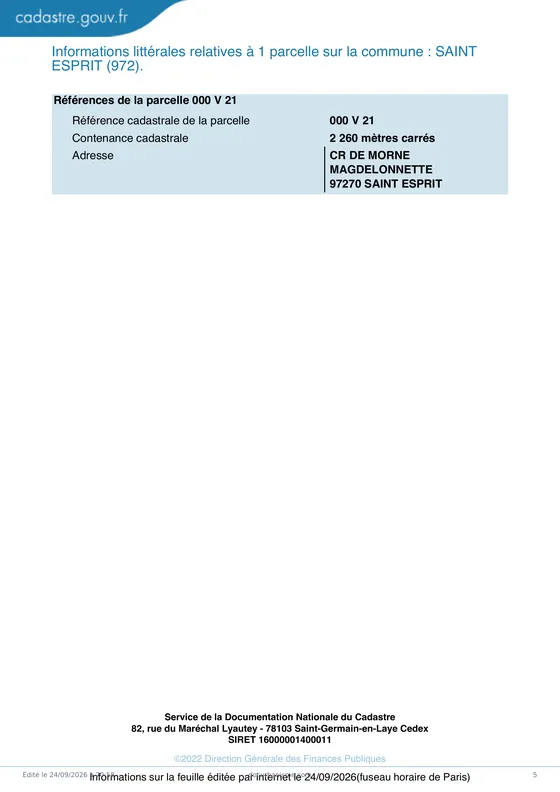 Relevé officiel « Informations littérales » de cadastre.gouv.fr joint à un dossier